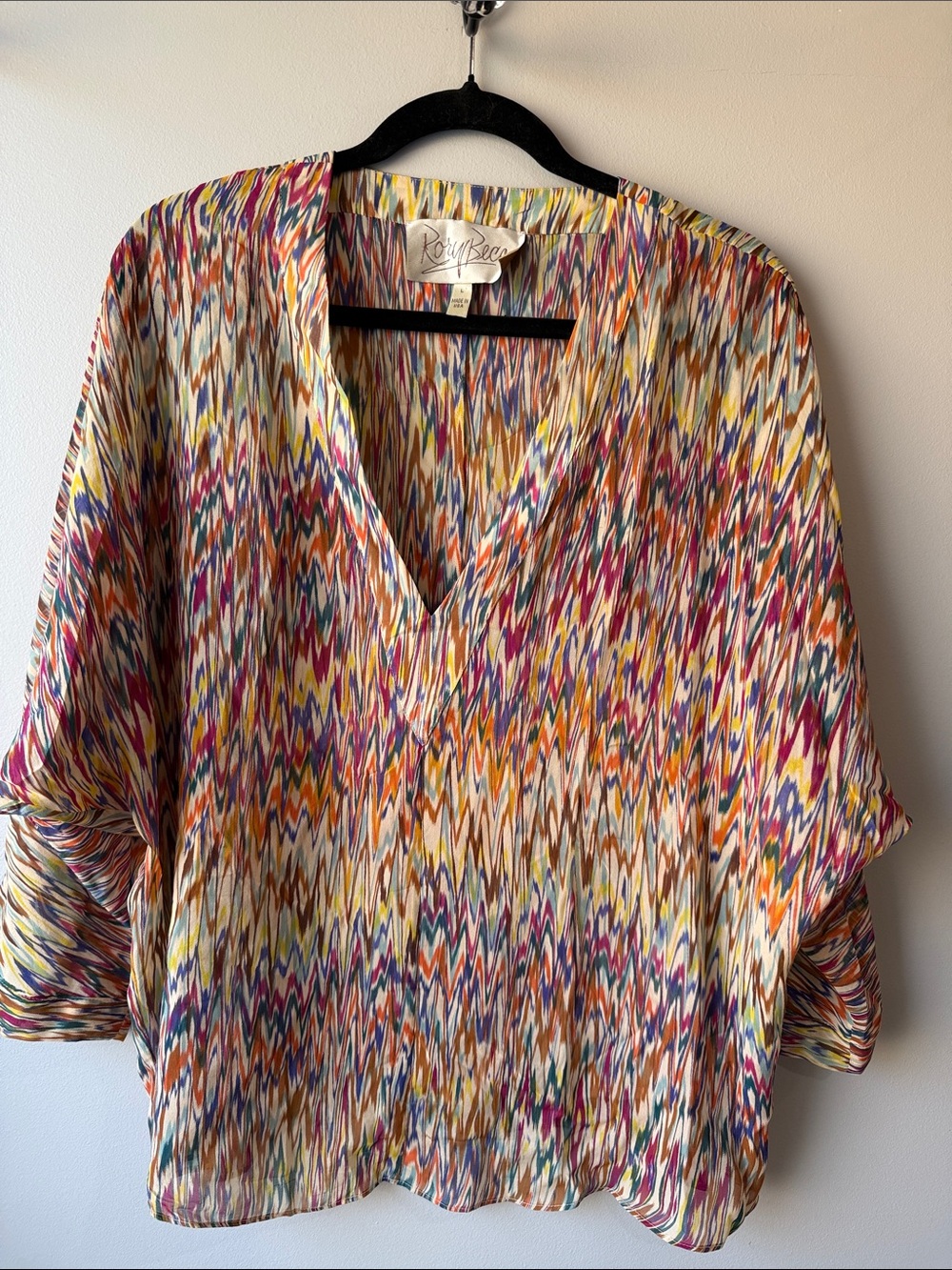 Rory Beca 100% Silk V-Neck Chevron Multicolor Tunic size Large
